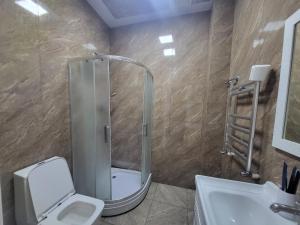 a bathroom with a shower and a toilet and a sink at Gabala Comfort Inn in Gabala +17 photos
