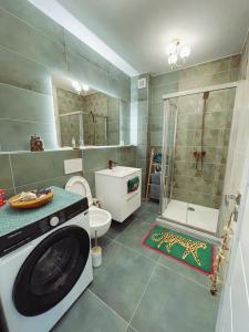 a bathroom with a washing machine and a shower at Angel's Home in Dunajská Streda +22 photos