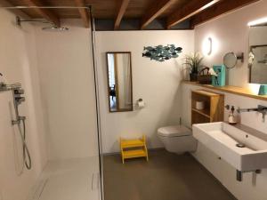 a bathroom with a sink and a toilet and a shower at Au Grand Babin - Namur in Namur