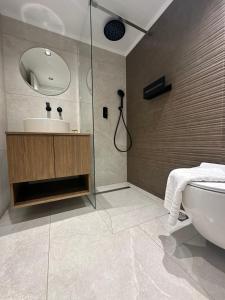 a bathroom with a toilet and a sink and a shower at Modern Lofts in Archangelos Rhodes with Parking - Equus - 3 Guests in Archangelos +16 photos