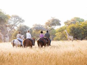 a group of people riding horses in a field with giraffes at The Waterfront, Maun in Maun