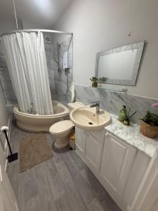 a bathroom with a sink and a toilet and a shower at Elegant Flat in Ealing in Greenford