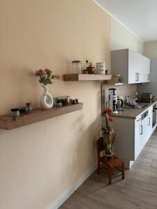 a kitchen with white cabinets and a counter top at Ferienwohnung Arendsee in Arendsee