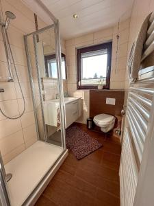 a bathroom with a shower and a toilet at Jahnstraße 37 - Ferienwohnung Hufnagel in Bodenwerder