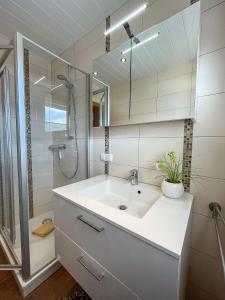 a bathroom with a sink and a shower at Jahnstraße 37 - Ferienwohnung Hufnagel in Bodenwerder +6 photos