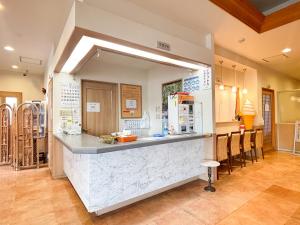 a kitchen with a counter with a large mirror at Hotel Livemax Tagajo in Tagajo