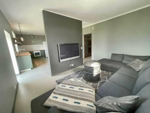 a living room with a couch and a flat screen tv at Nygård Apartments in Klagstorp