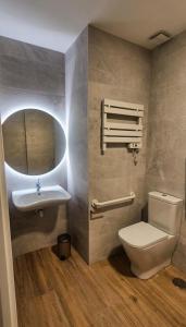 a bathroom with a toilet and a sink and a mirror at Las Casitas del Canal Acueducto in Segovia