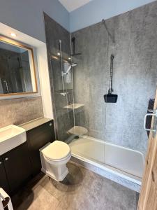 a bathroom with a shower and a toilet and a tub at No. 5 Smith Cottages in Langport