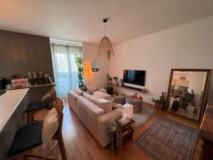 a living room with a couch and a mirror at T2 cosy - proche centre et plage in Quiberon