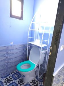 a blue bathroom with a toilet with a green seat at Gîte Assonfo Tachdirt in Tacheddirt