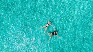 two people are swimming in the blue water at Ayvana Retreat in Feridhoo