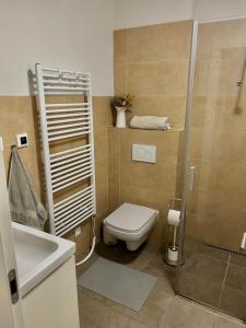 a bathroom with a toilet and a sink and a shower at Apartmán ESKIMO in Bystrá