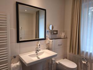 a bathroom with a sink and a toilet and a mirror at Ferienhof Große Drieling in Greven +52 photos