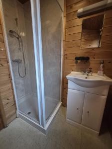 a bathroom with a shower and a sink at Surf Lodge in West Down +65 photos
