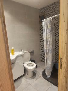 a bathroom with a toilet and a shower curtain at Rabat Luxury in Salé