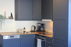 a kitchen with blue cabinets and a stove top oven at Stølstunets sentrumsglimt in Beitostøl