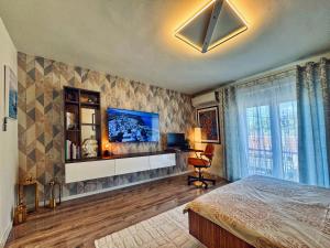 a bedroom with a bed and a tv on a wall at Negotin Centar Apartment with Parking in Negotin