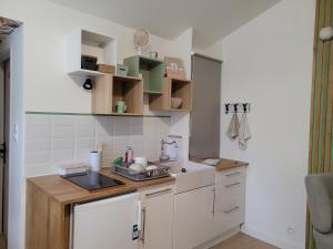a small kitchen with white cabinets and a sink at Le petit chalet in Mazaye +2 photos