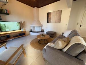 a living room with a couch and a tv at Cedrus-Seafront Ionian Stay in Agios Georgios +36 photos