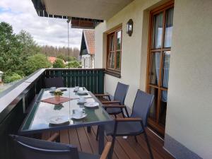 a table and chairs sitting on a balcony at Landhausferienwohnungen Am Brockenblick Pension in Sorge