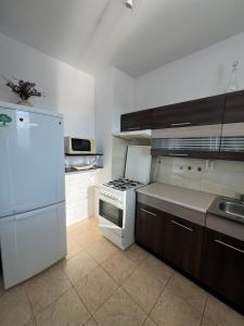 a kitchen with a stove and a white refrigerator at Iris Apartment in Dunajská Streda +2 photos