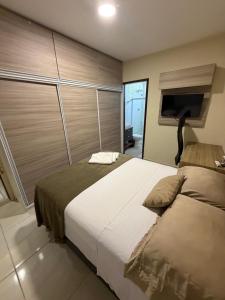 a bedroom with a large bed and a flat screen tv at aconchegoreceptivo in Marechal Deodoro +30 photos