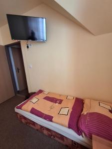a bedroom with a bed with a flat screen tv on the wall at Horská bouda Aldrov in Vítkovice +32 photos