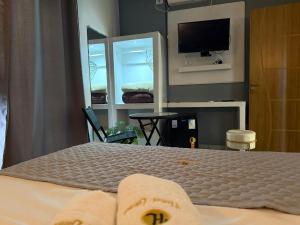 a bedroom with a bed with a tv on the wall at Hotel Lima in Barra do Turvo