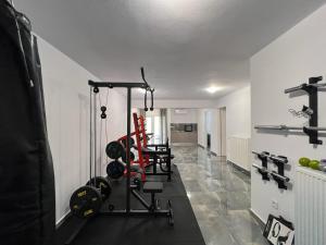 a fitness room with a gym with weights at MARRONI RETREAT - Pool - Spa - Gym in Skotina