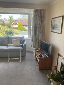 a living room with a couch and a television at Cheshire 1 bedroom apartment - minimum 3 night stay please - garden view in Cheadle Hulme