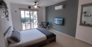 a bedroom with a bed and a window and a television at Modern Studio apartment Armonia Court in Paralimni