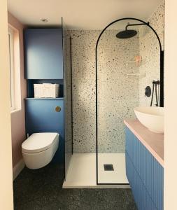 a bathroom with a toilet and a glass shower at The Nest in Bristol