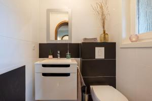 a bathroom with a white sink and a toilet at Green Eifel Casa in Feusdorf