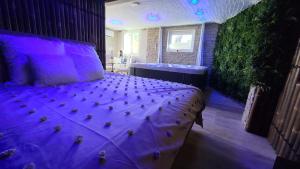a bedroom with a large bed with purple sheets at Love room le bain in Le Val