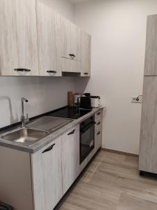 a kitchen with wooden cabinets and a sink at SunshineSuite in Alassio
