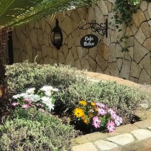 a garden with flowers and a sign on a stone wall at Hotel Pace in Pompei