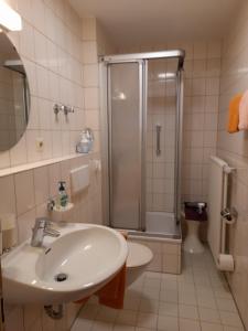 a bathroom with a sink and a shower at Ferienhaus im Park in Hinterzarten