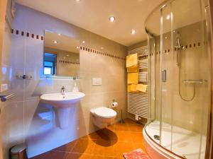 a bathroom with a toilet sink and a shower at Appartement Bergschaf in Holzgau +20 photos