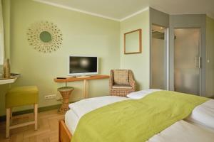 a bedroom with a bed and a tv and a chair at Hotel Viva Sky in Konstanz