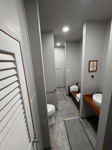 a bathroom with a toilet and a sink at Germantown Inn & Lounge in Hermann +1 photo