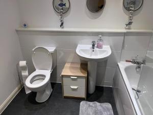 a bathroom with a toilet and a sink at Irvine Harbor Apartments in Irvine +1 photo
