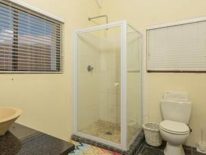 a bathroom with a shower with a toilet and a sink at Ocean View 147 in Struisbaai +12 photos