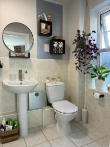 a bathroom with a toilet and a sink and a mirror at Chrysanthemum Drive stays in Shinfield +33 photos