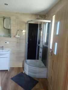 a bathroom with a shower and a sink at Zakątek Sądrecko in Rząśnik +14 photos