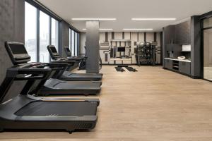 a gym with a row of treadmills and machines at AC Hotel by Marriott Ann Arbor Downtown in Ann Arbor