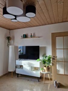 a living room with a tv and a ceiling with lights at Daheim in Burk in Burk
