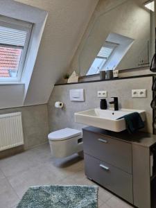 a bathroom with a sink and a toilet and a mirror at Daheim in Burk in Burk +18 photos