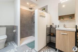 a bathroom with a shower and a toilet and a sink at Les Volets Bleus in Pointis-Inard +11 photos