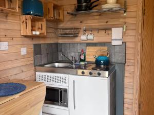 a small kitchen with a stove and a sink at Lakeside Pods - pet free in Oldham